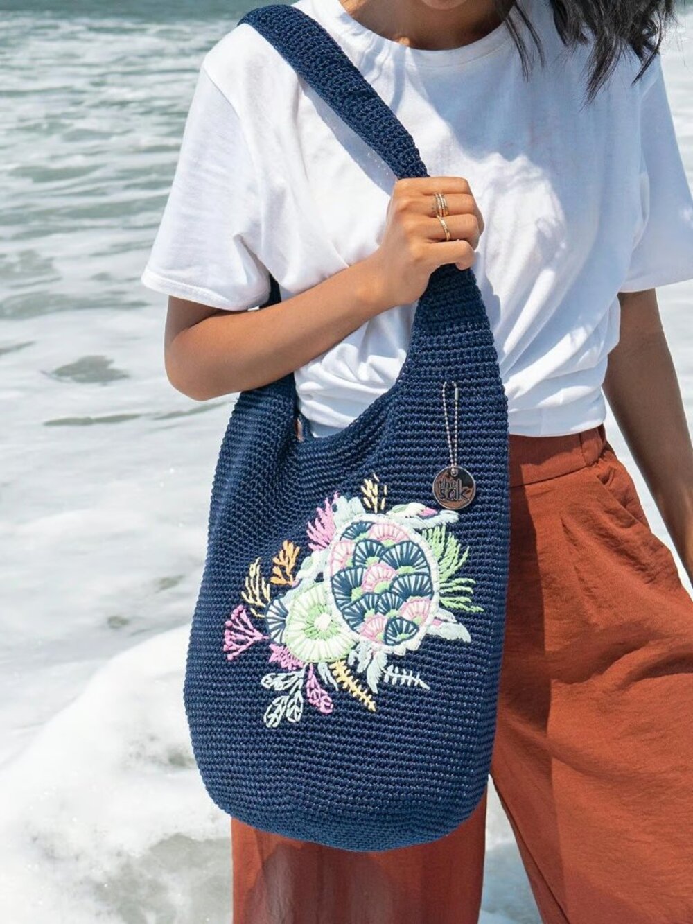 Sakroots turtle hobo crochet bag navy blue boho beach coastal Price Firm
